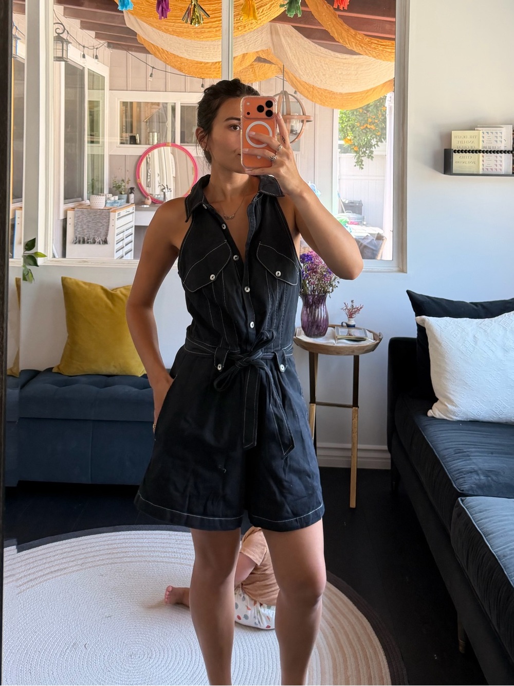 Free People Black Denim Sleeveless Romper with Tie Waist